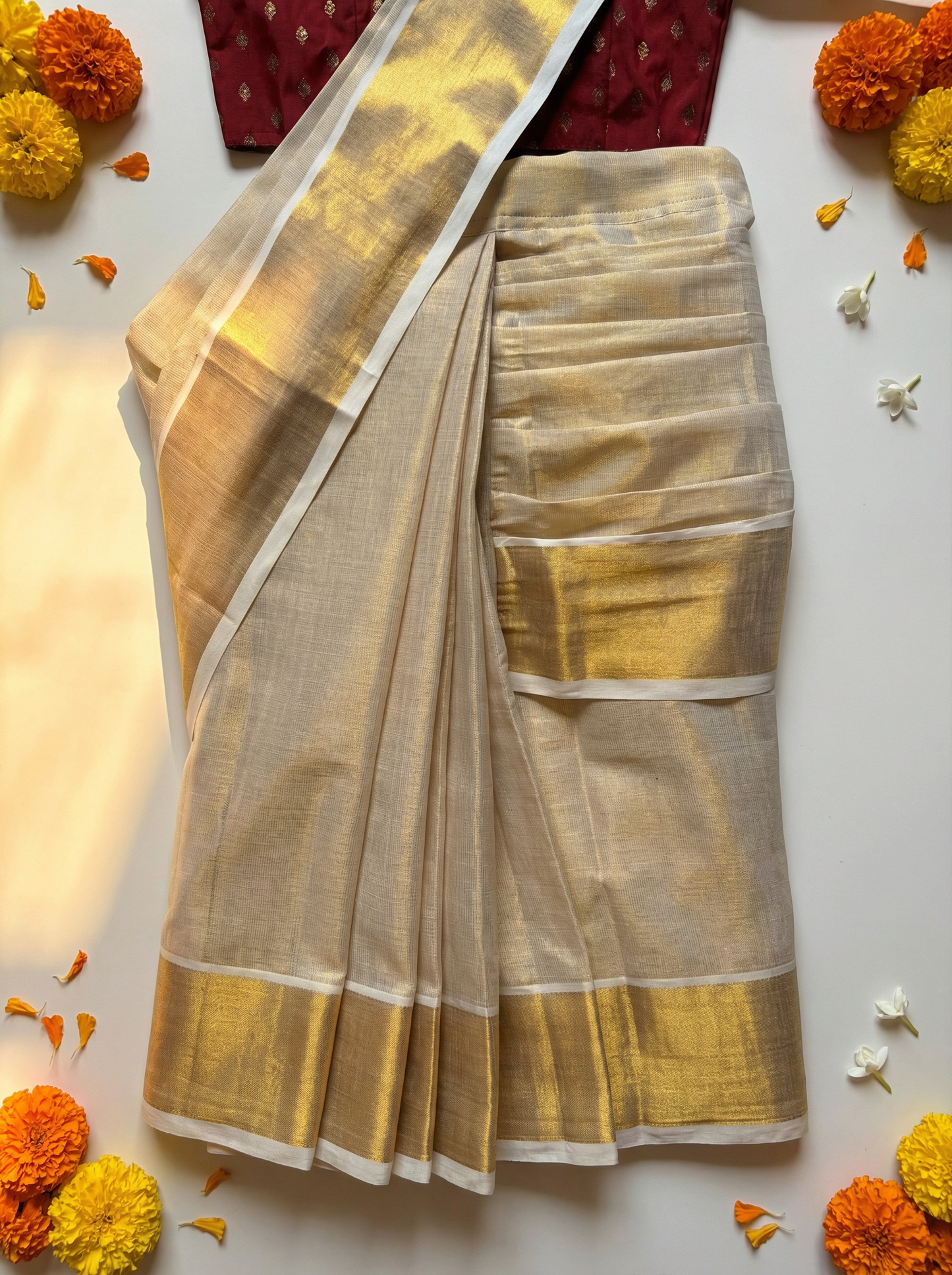 Reshme Gold and Maroon - Ready to wear Kerala kasavu saree for kids Ethnic wear for baby girl