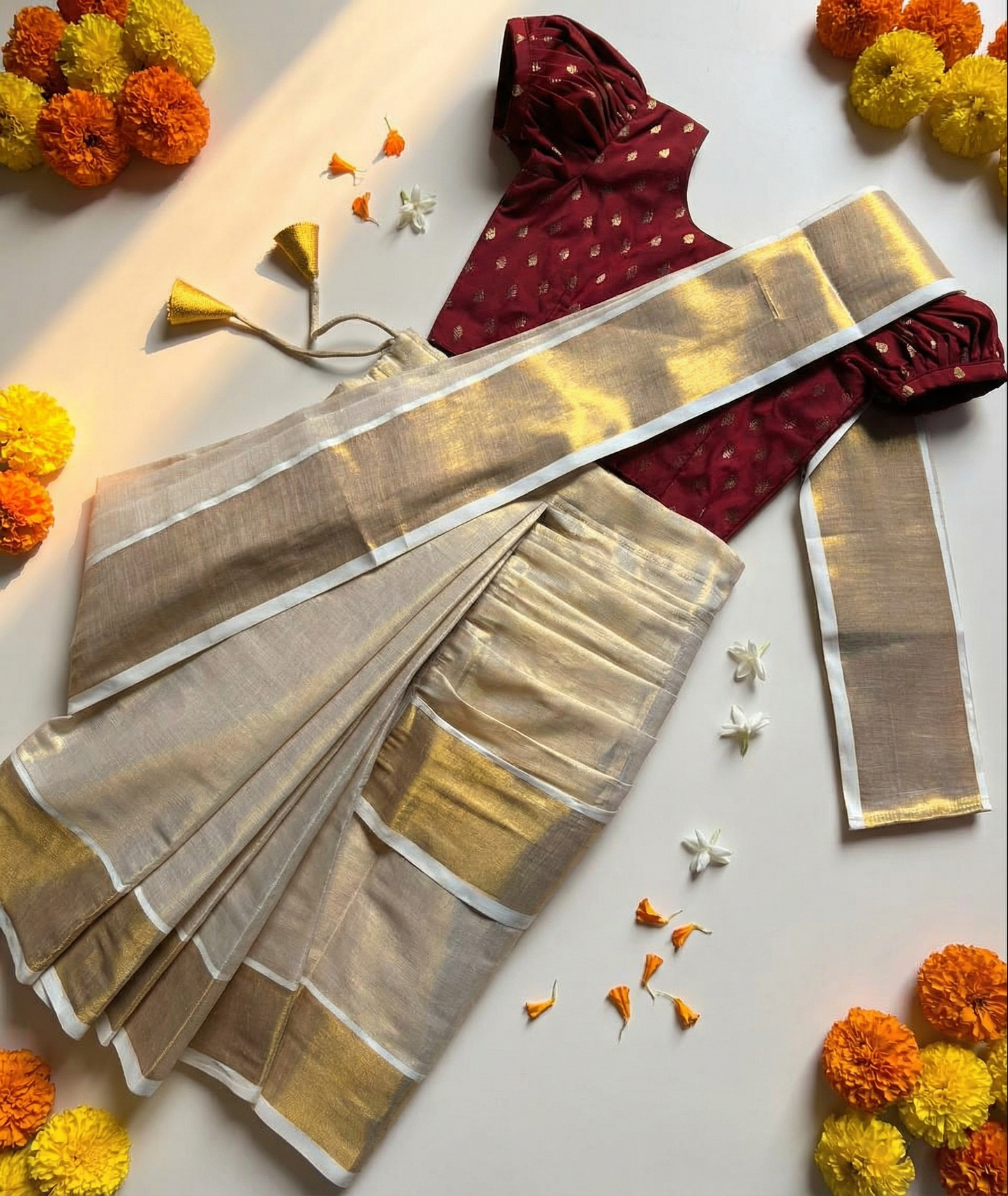 Reshme Gold and Maroon - Ready to wear Kerala kasavu saree for kids Ethnic wear for baby girl