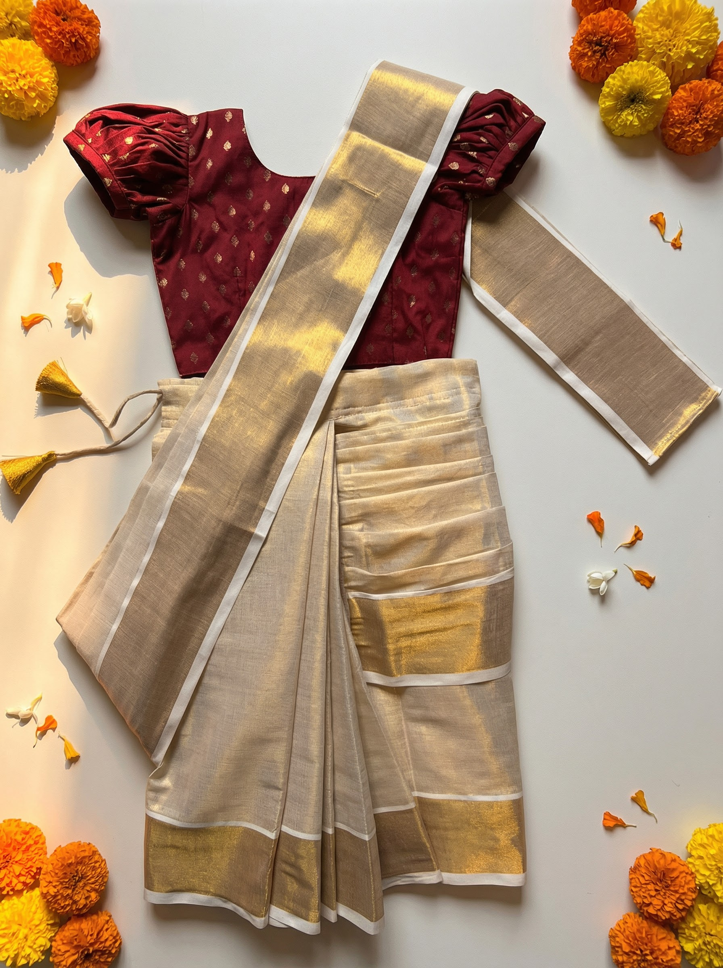 Reshme Gold and Maroon - Ready to wear Kerala kasavu saree for kids Ethnic wear for baby girl