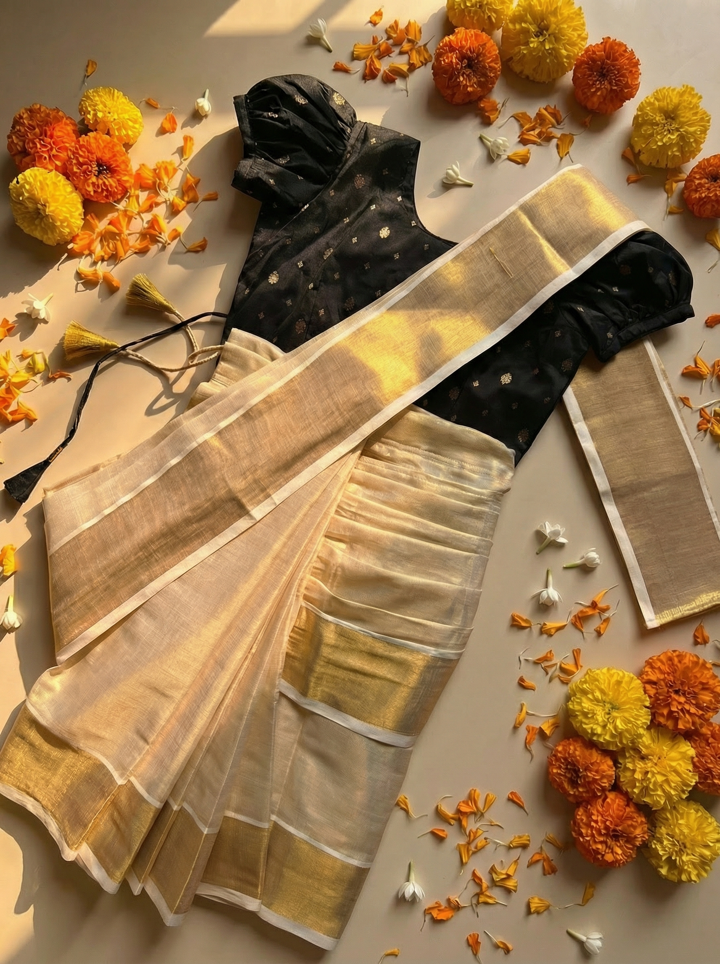 Reshme Gold and Black - Ready to wear Kerala kasavu saree for kids Ethnic wear for baby girl