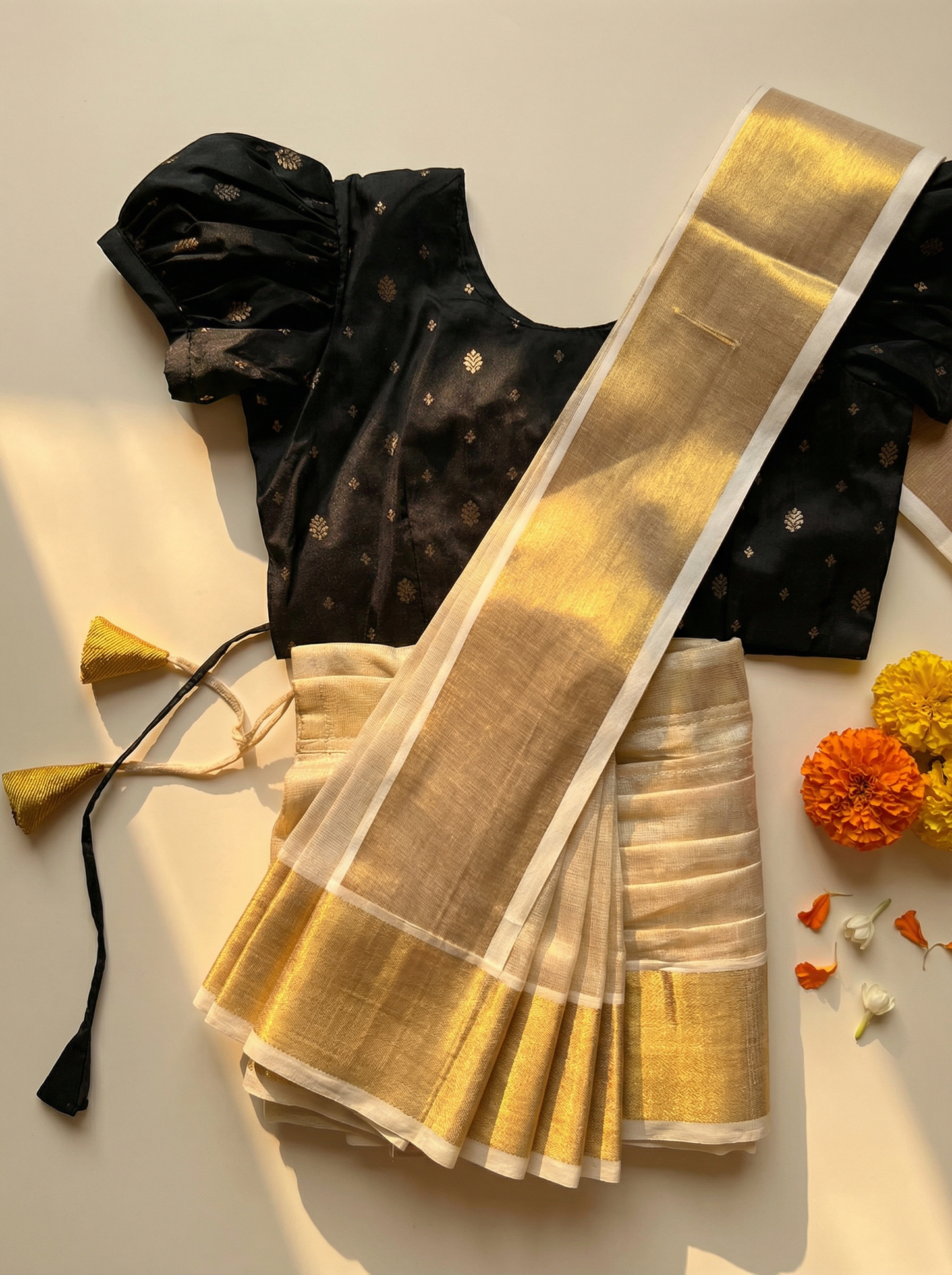 Reshme Gold and Black - Ready to wear Kerala kasavu saree for kids Ethnic wear for baby girl