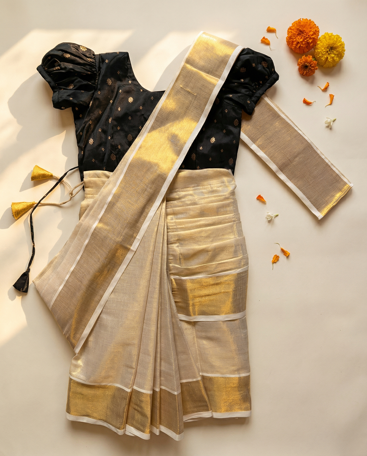 Reshme Gold and Black - Ready to wear Kerala kasavu saree for kids Ethnic wear for baby girl