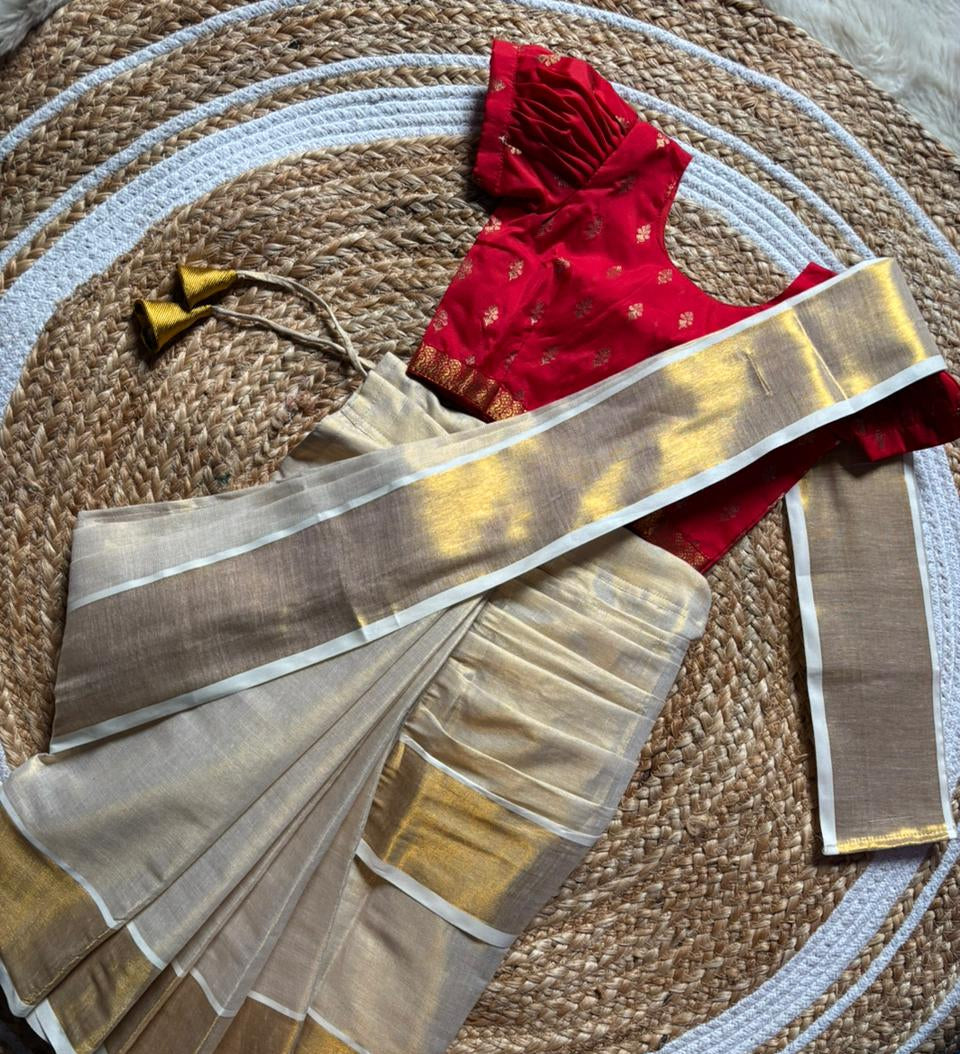 Reshme Gold and Red - Ready to wear Kerala kasavu saree for kids Ethnic wear for baby girl