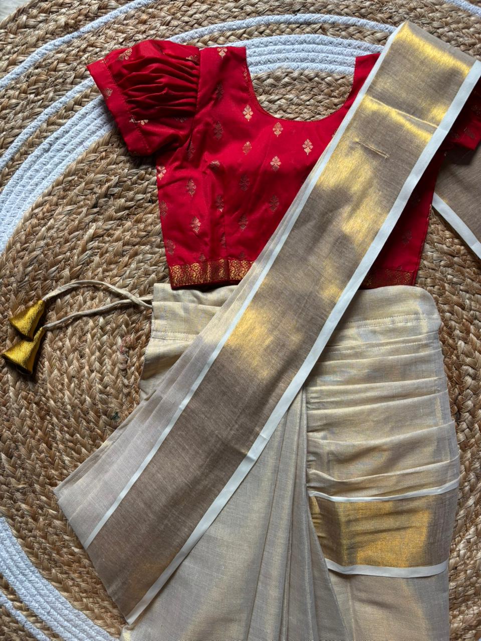 Reshme Gold and Red - Ready to wear Kerala kasavu saree for kids Ethnic wear for baby girl