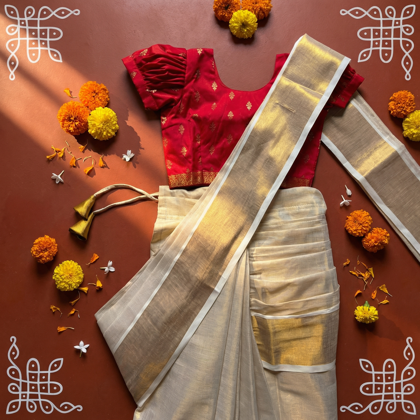 Reshme Gold and Red - Ready to wear Kerala kasavu saree for kids Ethnic wear for baby girl