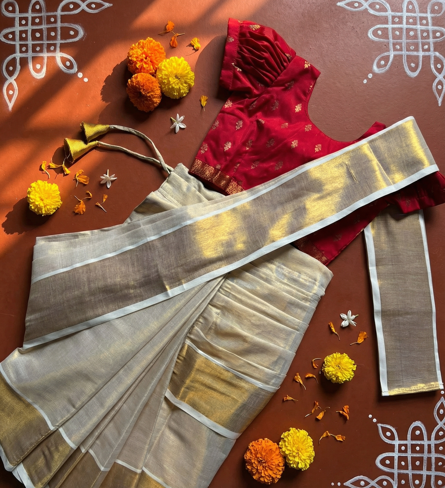 Reshme Gold and Red - Ready to wear Kerala kasavu saree for kids Ethnic wear for baby girl