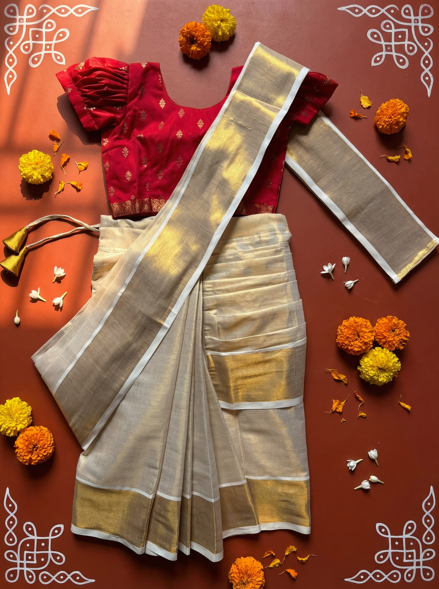 Reshme Gold and Red - Ready to wear Kerala kasavu saree for kids Ethnic wear for baby girl