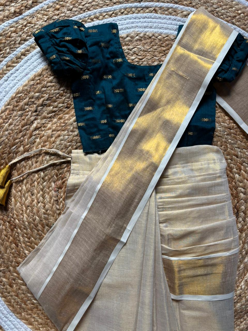 Reshme Gold and Peacock green - Ready to wear Kerala kasavu saree for kids Ethnic wear for baby girl