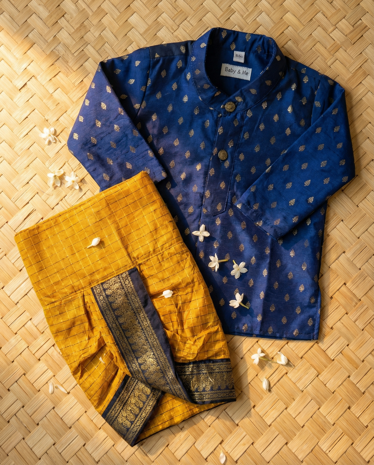 Mustard yellow and navy blue embroidered kurta dhoti ethnic dress for baby boy