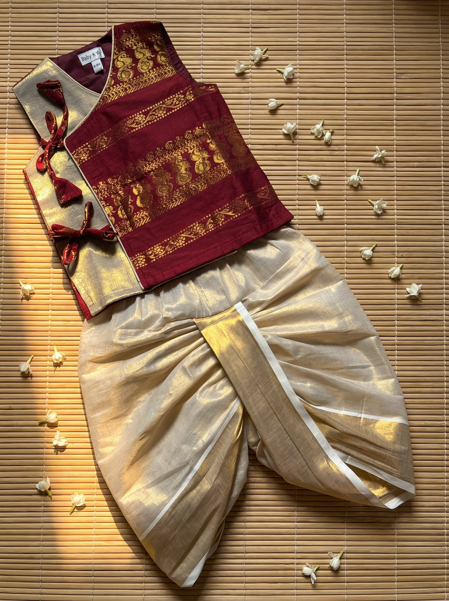 Maroon Angrakha Kurta with Reshme Beige gold dhoti - Cotton Silk ethnic wear for baby boy