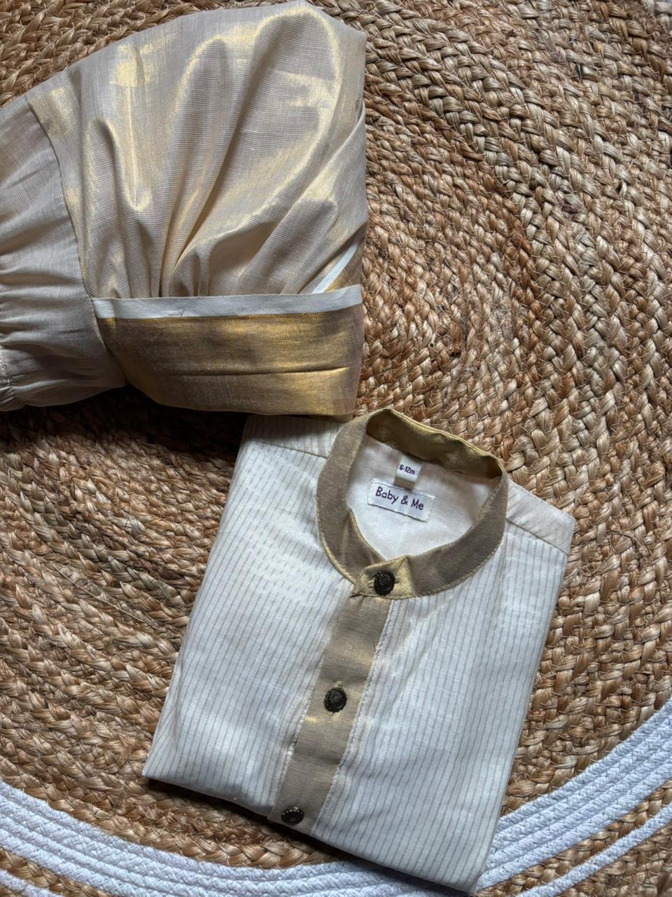 White with gold Kurta and Reshme Beige gold Dhoti for baby boy