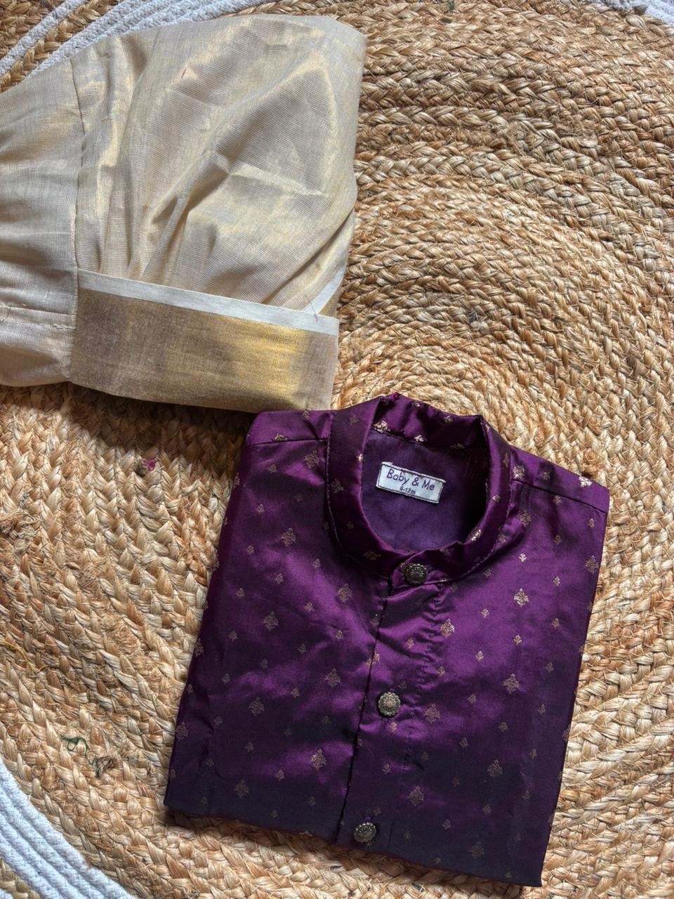 Dhoti Kurta for Baby Boy – Wine Semi-Silk Kurta & reshme beige gold Dhoti with Zari Border
