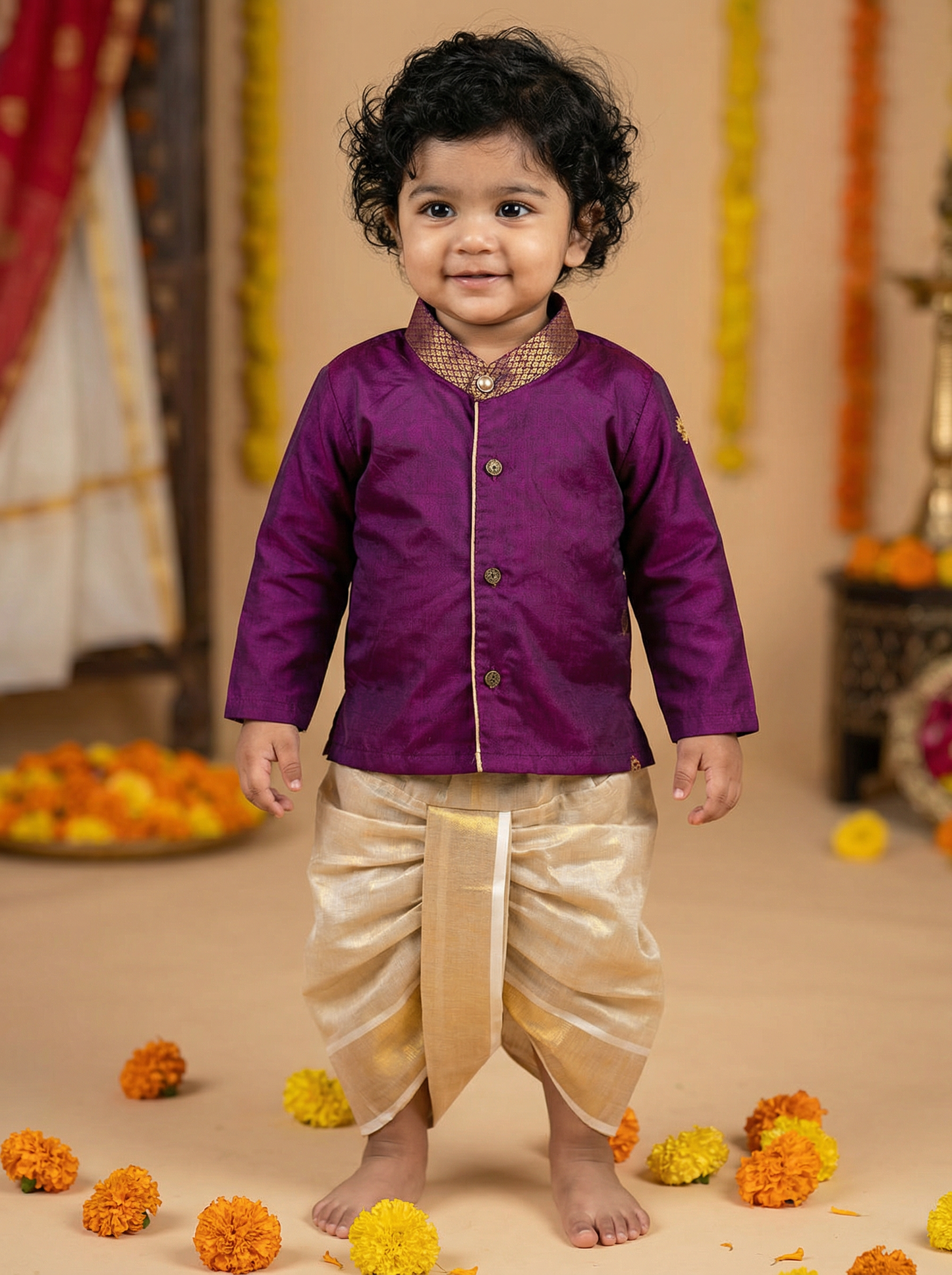 Wine and gold Kurta Dhoti ethnic wear for baby boy