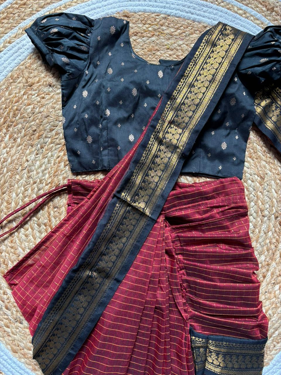 Maroon with checked black - Ready to wear saree for kids Ethnic wear for baby girl