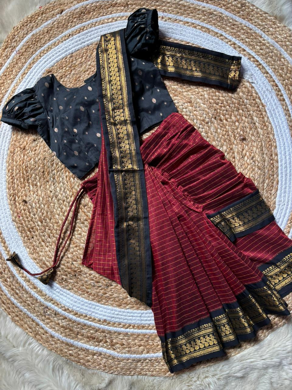 Maroon with checked black - Ready to wear saree for kids Ethnic wear for baby girl