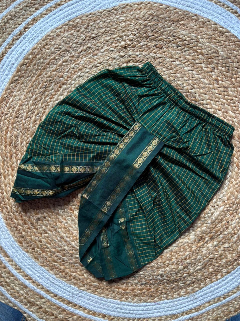 Bottle green checked with gold  zari border dhoti baby boy ethnic bottom wear