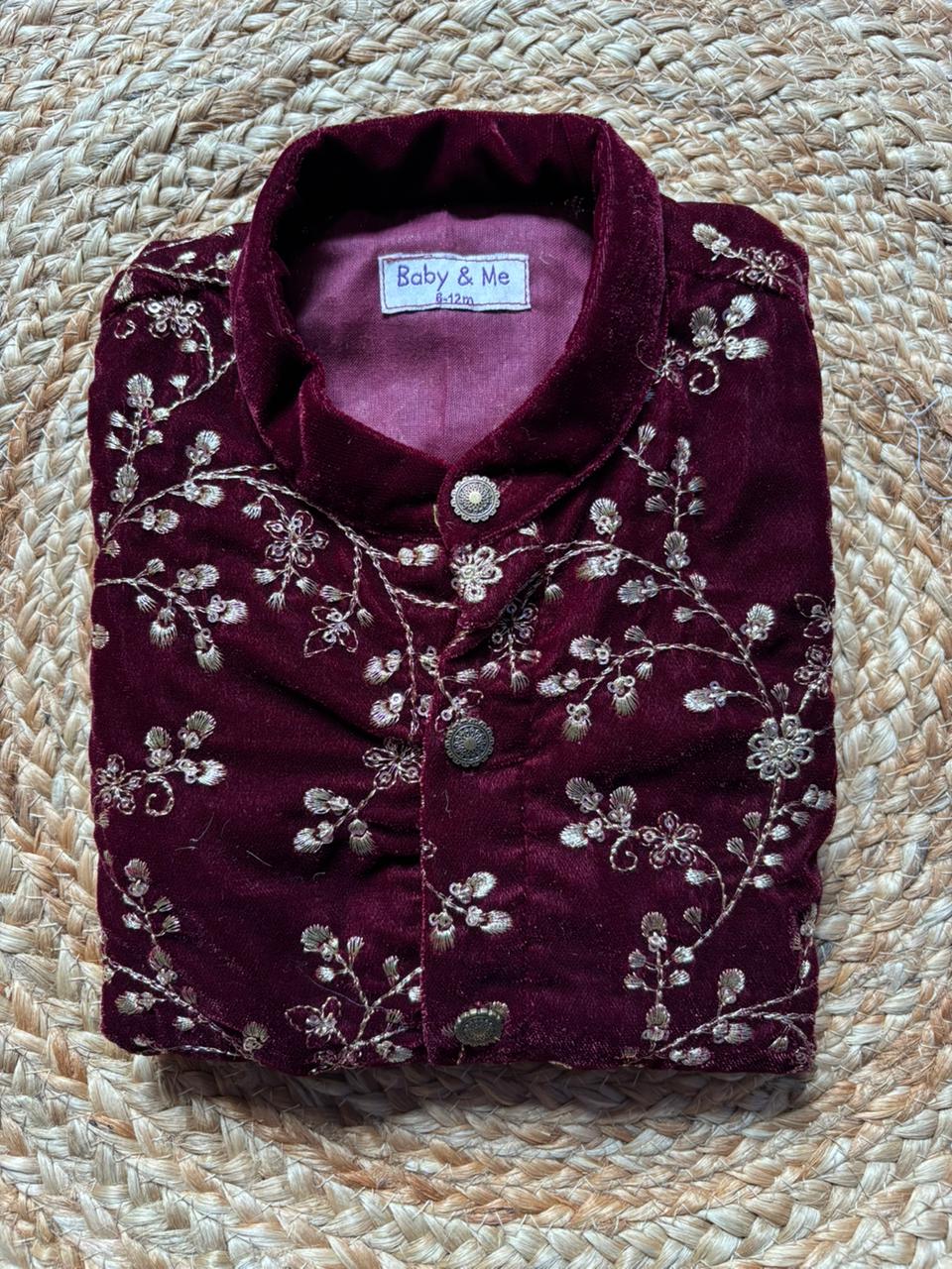 Maroon Velvet Kurta for baby boy ethnic top wear
