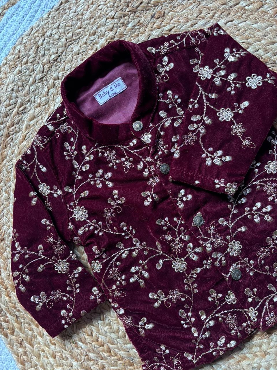 Maroon Velvet Kurta for baby boy ethnic top wear