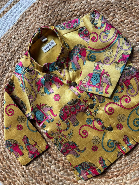 Traditional Yellow Aane Print Kurta for baby boy ethnic top wear