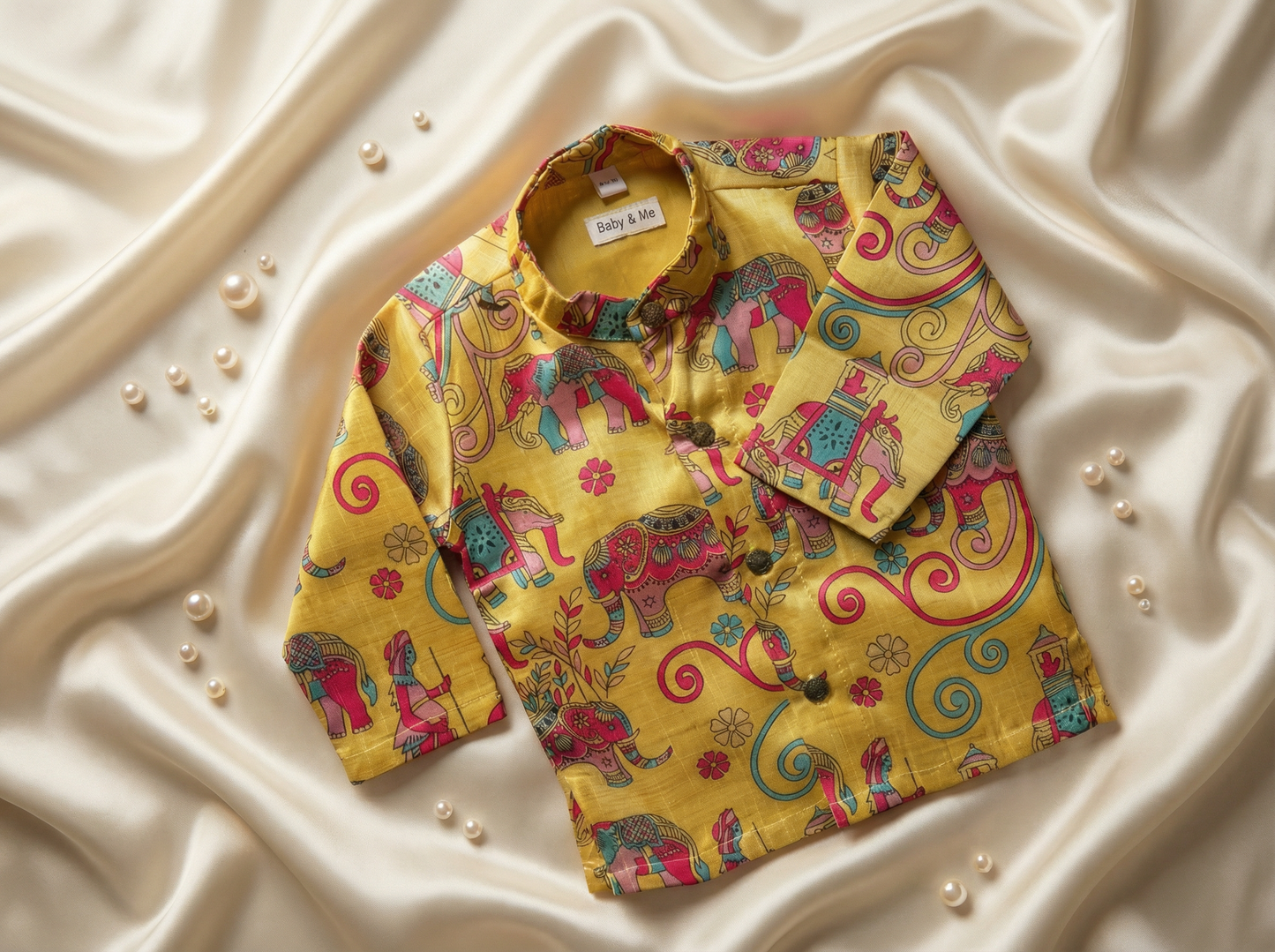 Traditional Yellow Aane Print Kurta for baby boy ethnic top wear