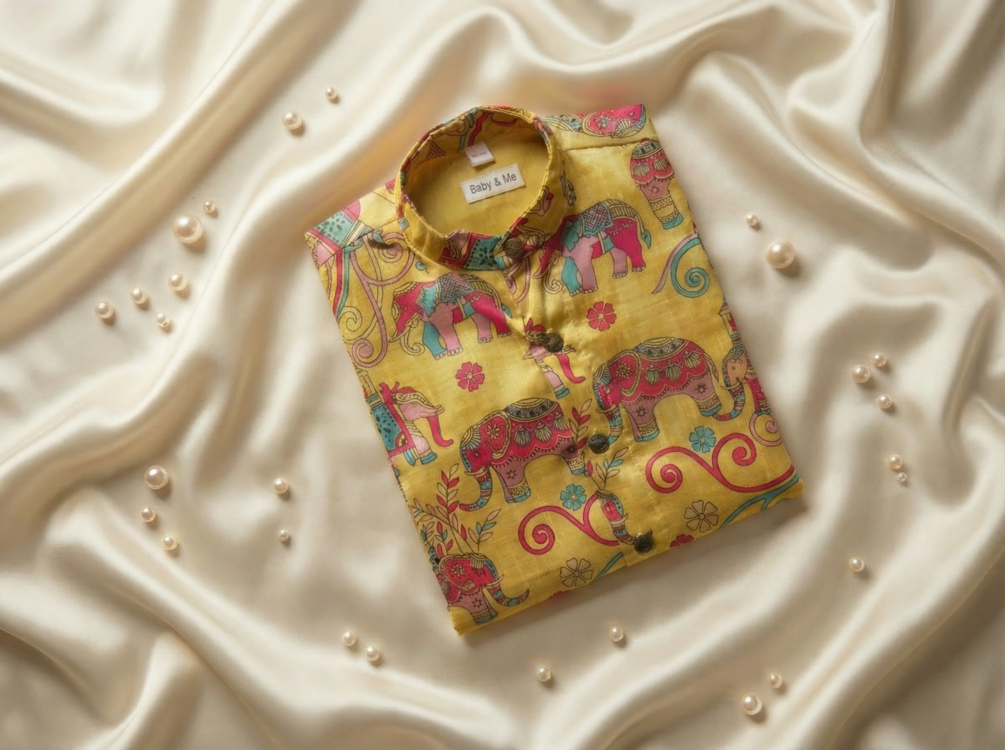 Traditional Yellow Aane Print Kurta for baby boy ethnic top wear