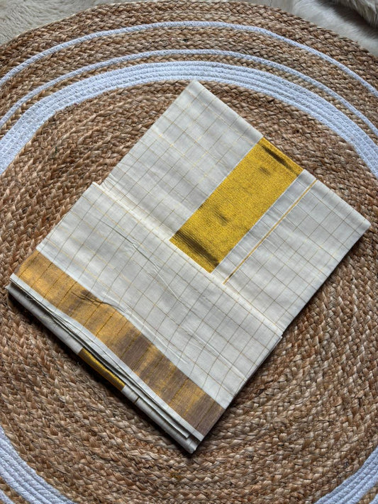 White checks with golden border - Premium Cotton Silk Saree with Contrast Blouse
