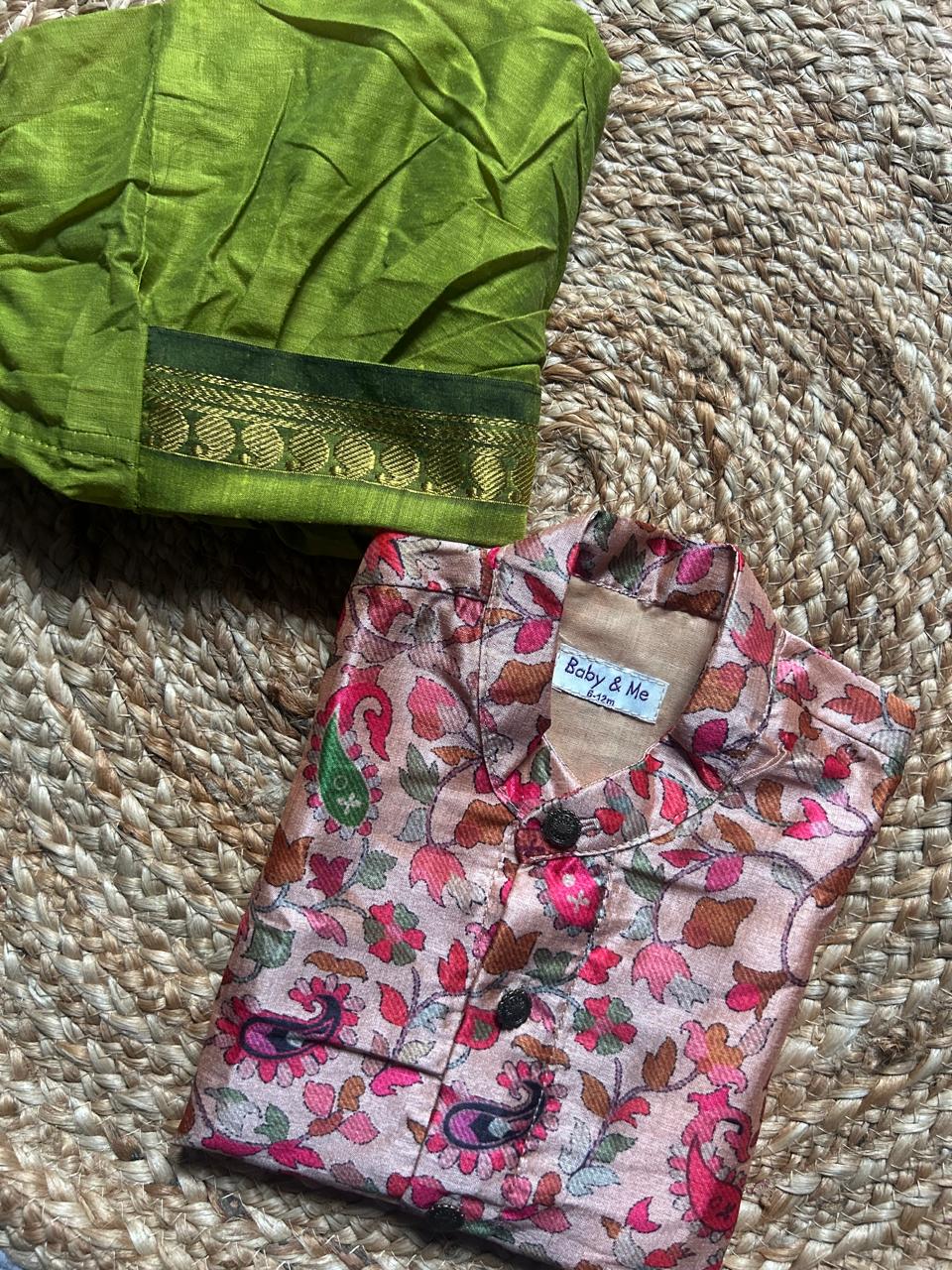 Traditional Indian Multi floral Autumn kurta with parrot green dhoti baby boy ethnic wear