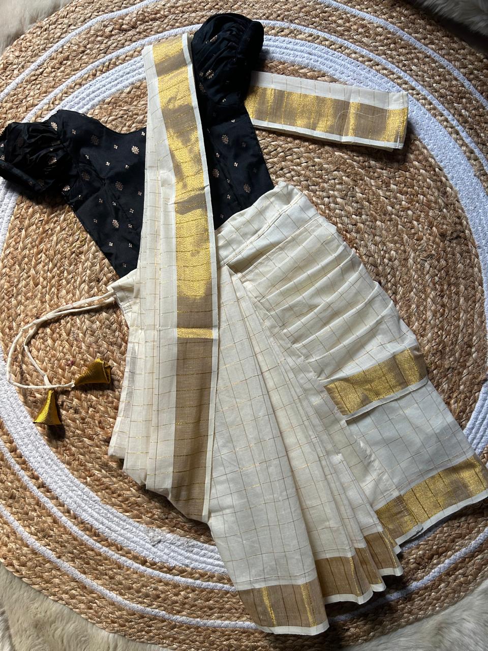 White checked with Gold border and Black  - Ready to wear saree for kids Ethnic wear for baby girl