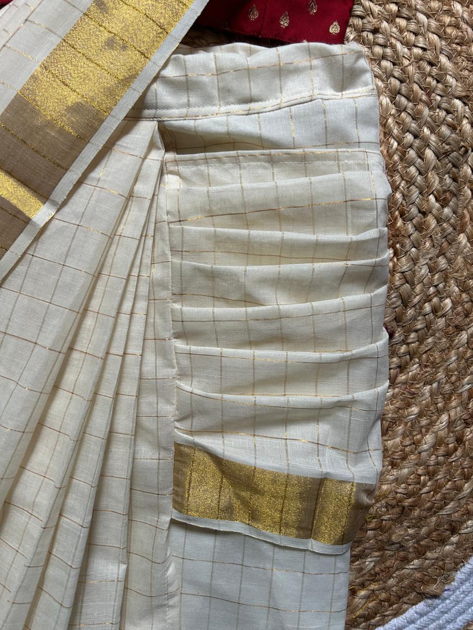 White checked with Gold border and Maroon  - Ready to wear saree for kids Ethnic wear for baby girl