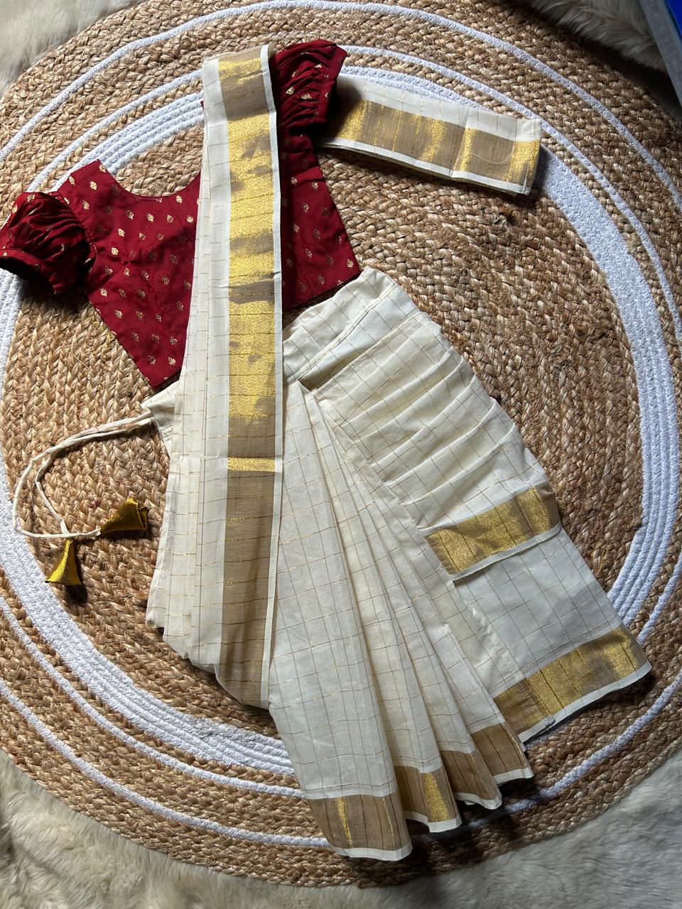 White checked with Gold border and Maroon  - Ready to wear saree for kids Ethnic wear for baby girl