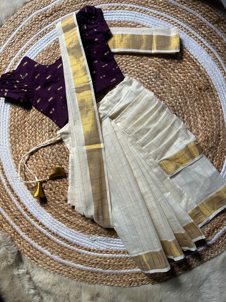 White checked with Gold border and Wine - Ready to wear saree for kids Ethnic wear for baby girl