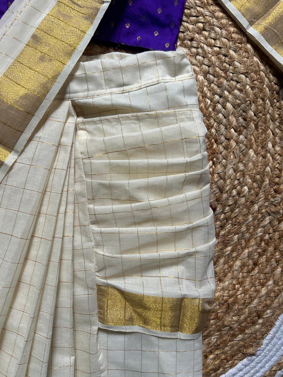 White checked with Gold border and Violet  - Ready to wear saree for kids Ethnic wear for baby girl