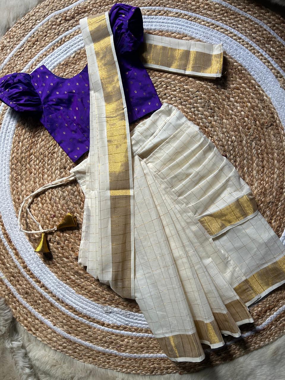 White checked with Gold border and Violet  - Ready to wear saree for kids Ethnic wear for baby girl