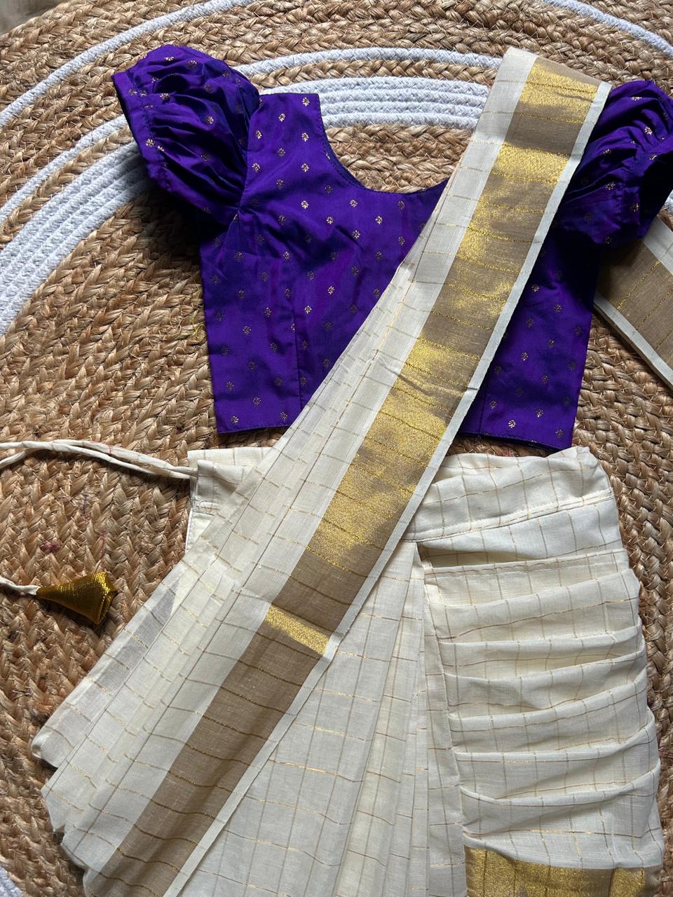 White checked with Gold border and Violet  - Ready to wear saree for kids Ethnic wear for baby girl