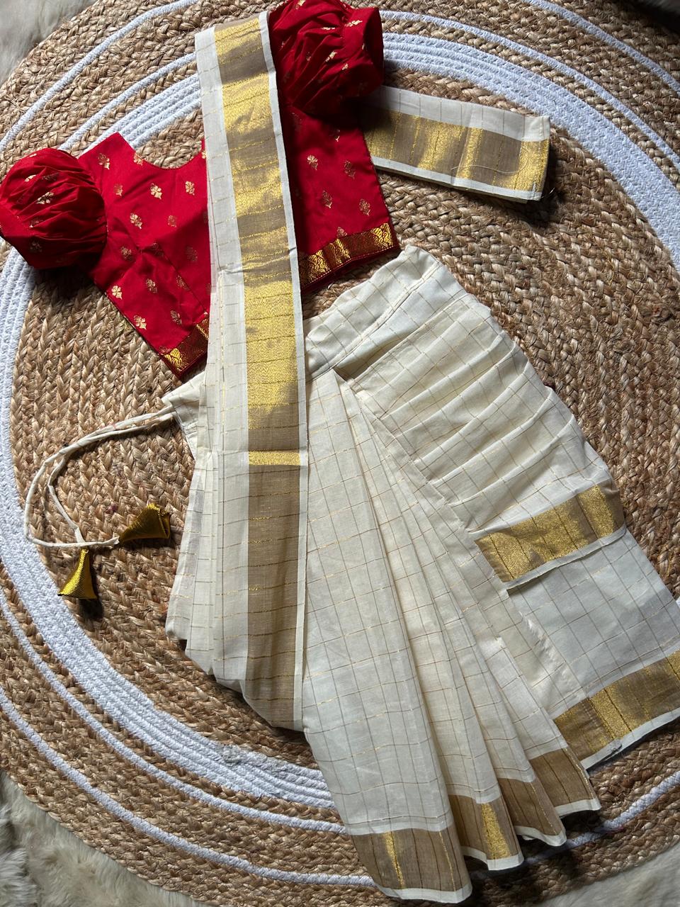 White checked with Gold border and red - Ready to wear saree for kids Ethnic wear for baby girl