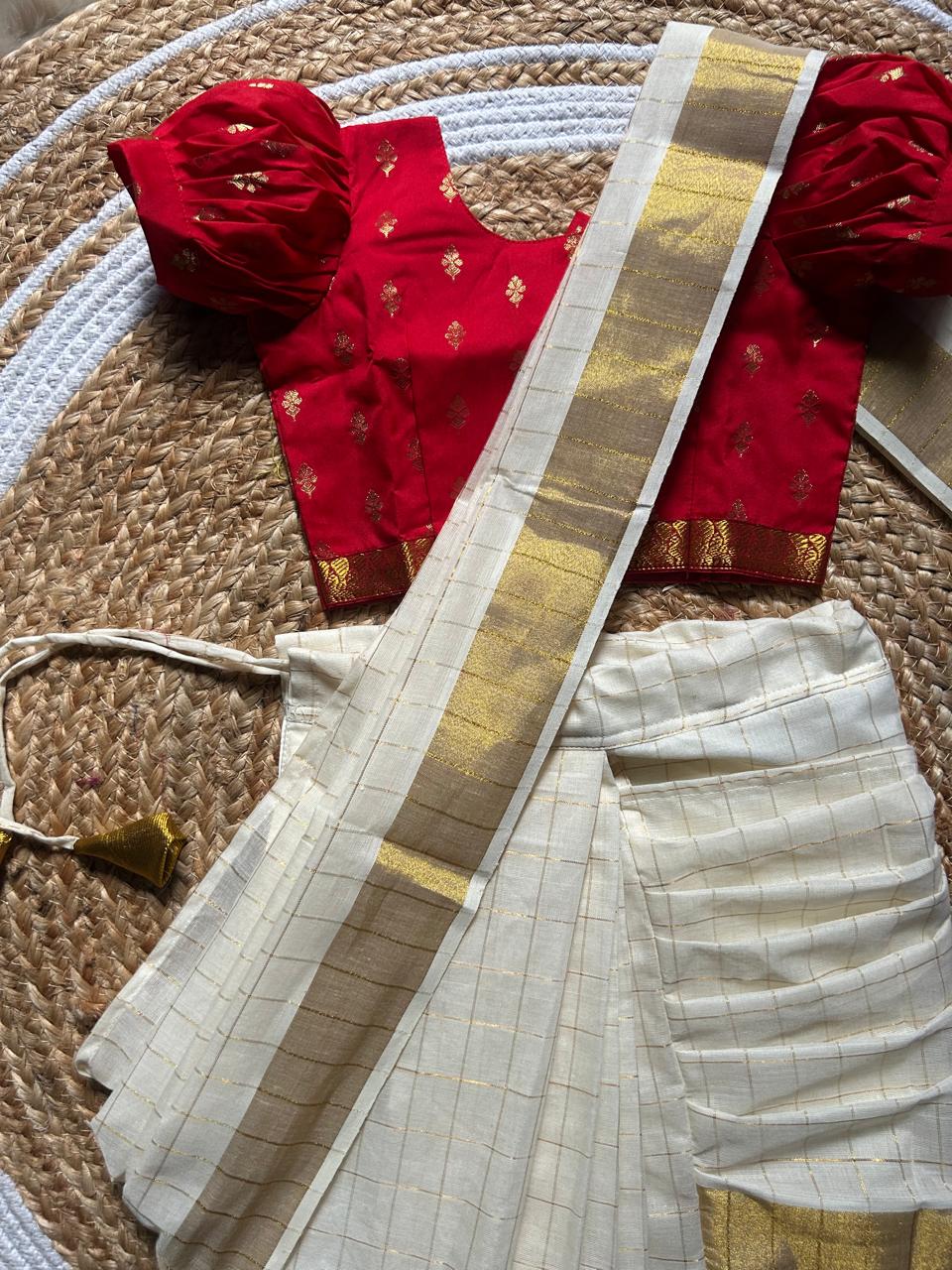 White checked with Gold border and red - Ready to wear saree for kids Ethnic wear for baby girl