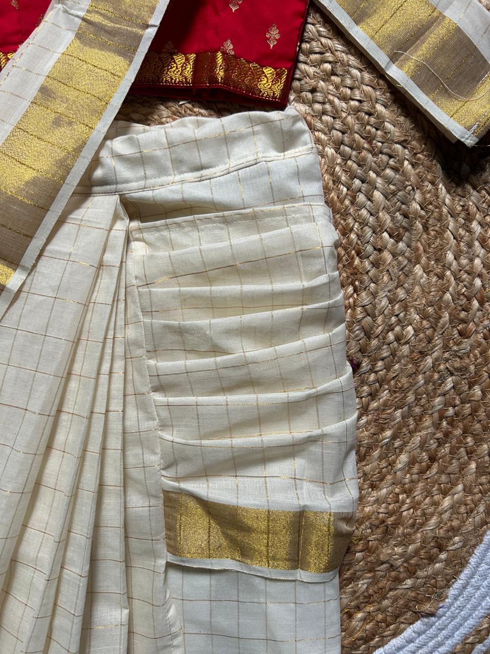 White checked with Gold border and red - Ready to wear saree for kids Ethnic wear for baby girl