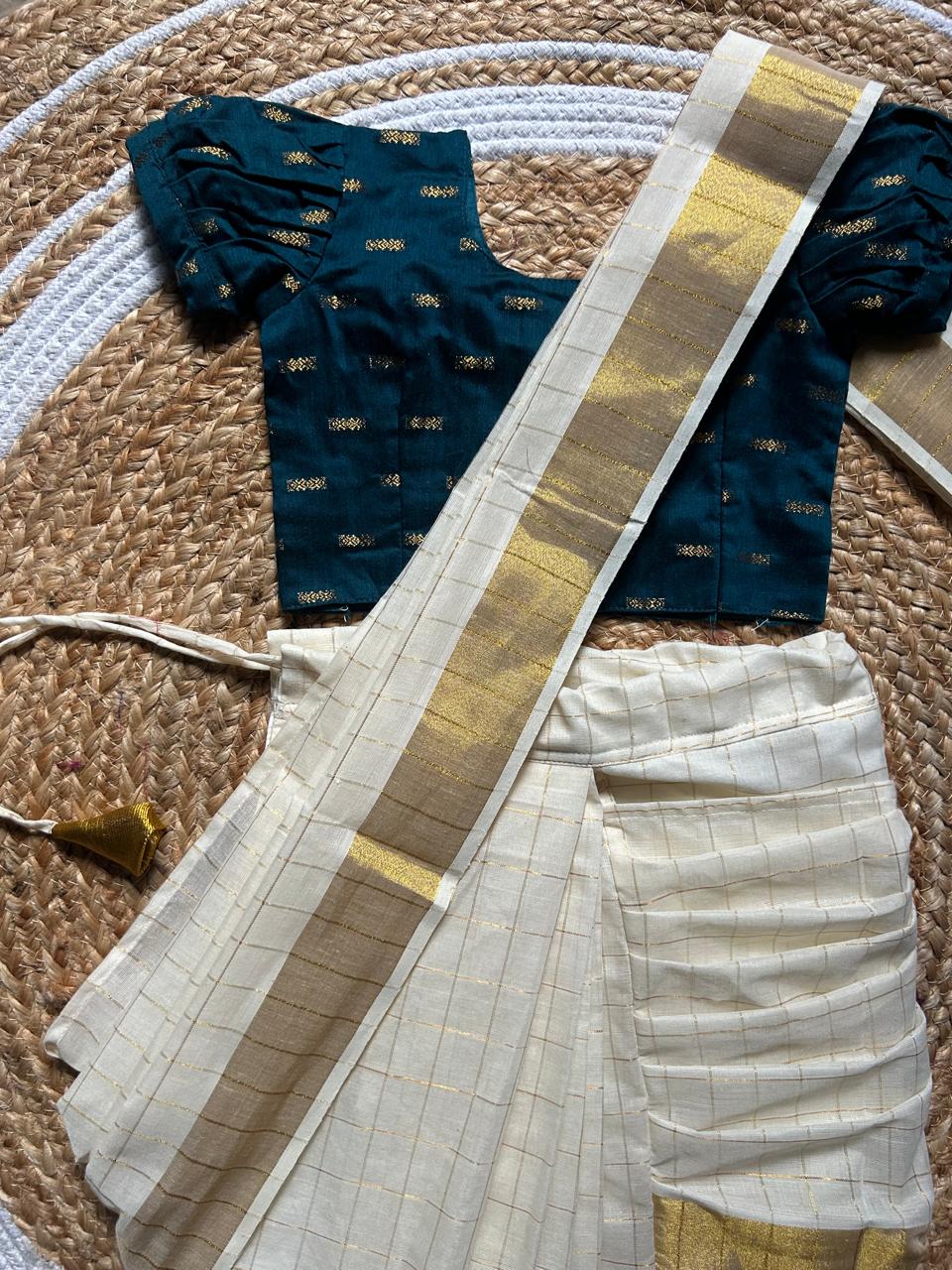 White checked with Gold border and peacock green - Ready to wear saree for kids Ethnic wear for baby girl