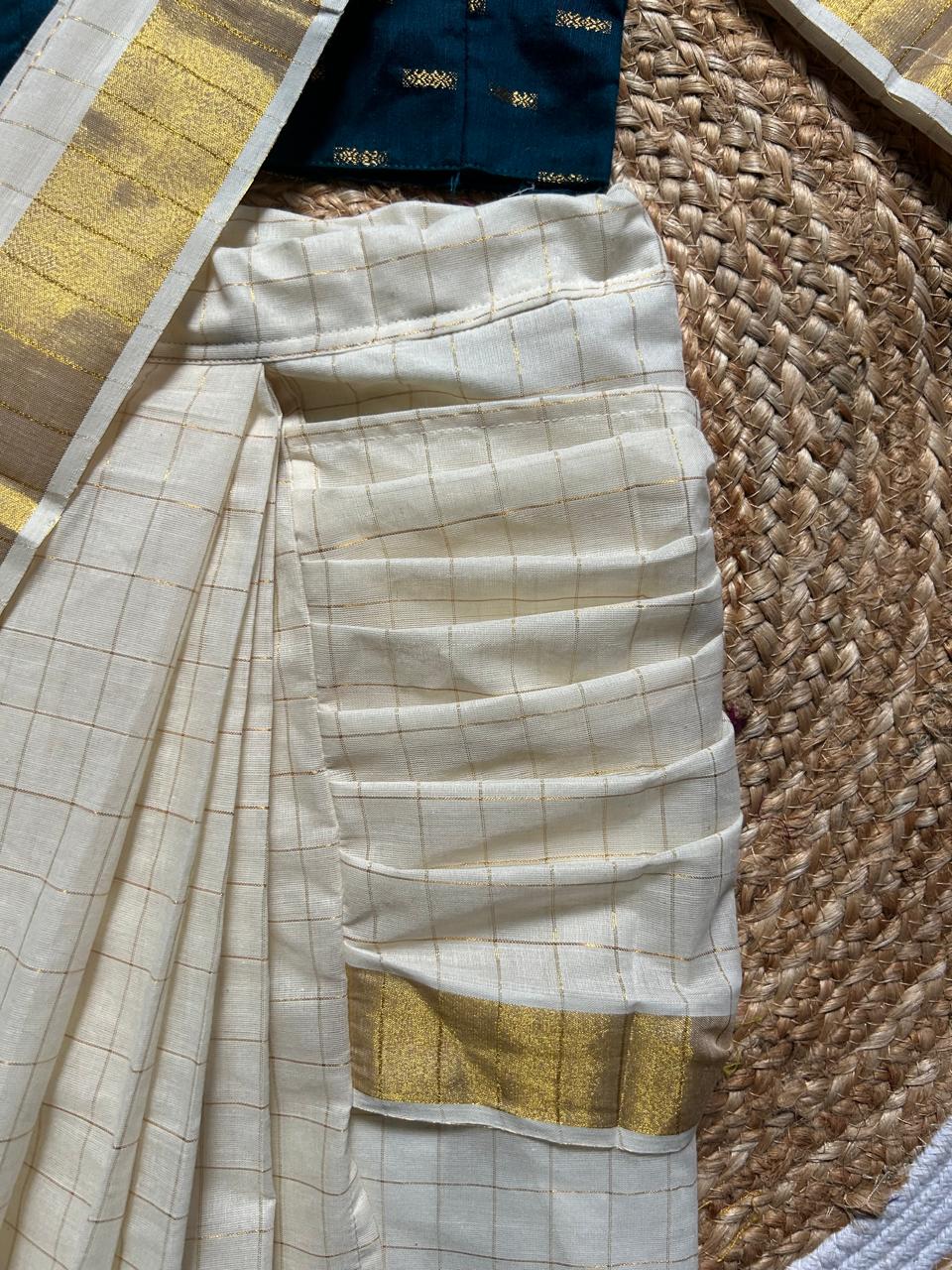 White checked with Gold border and peacock green - Ready to wear saree for kids Ethnic wear for baby girl
