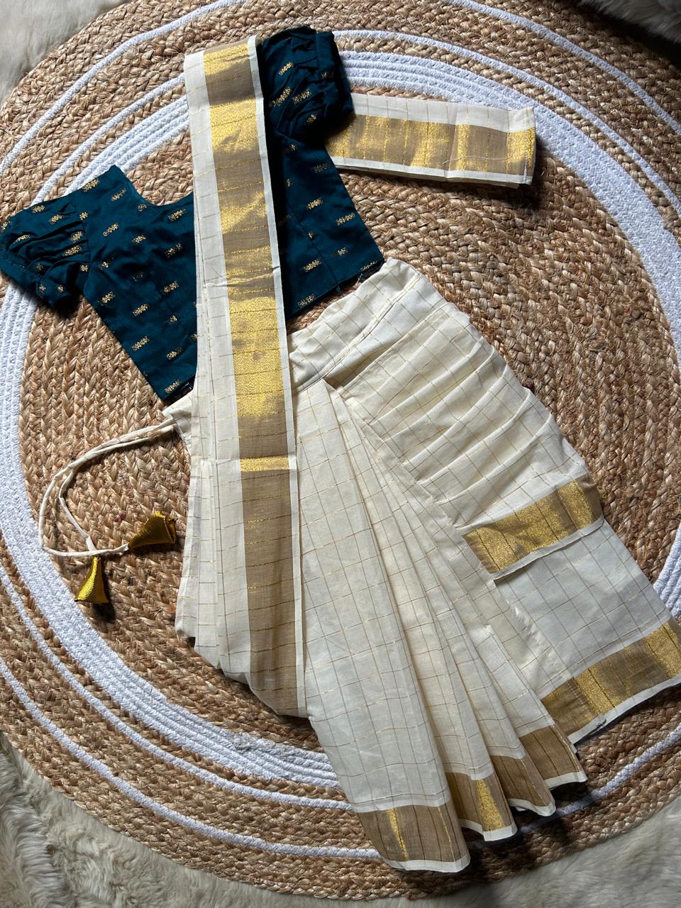 White checked with Gold border and peacock green - Ready to wear saree for kids Ethnic wear for baby girl