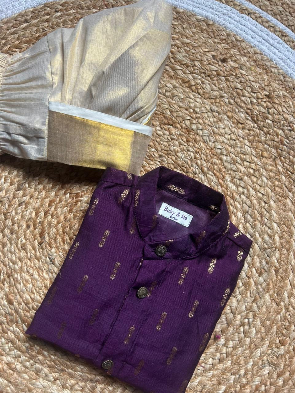 Dark Wine kurta and Gold Dhoti for Boys – Traditional Ethnic Wear for Baby Boy