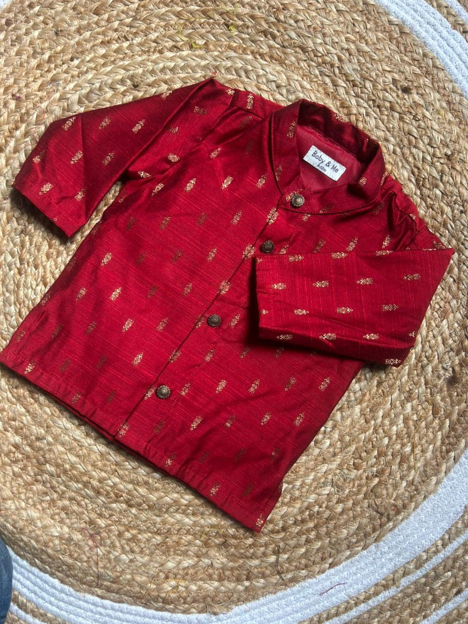 Maroon Kurta & Reshme Beige gold vesti for baby boy
