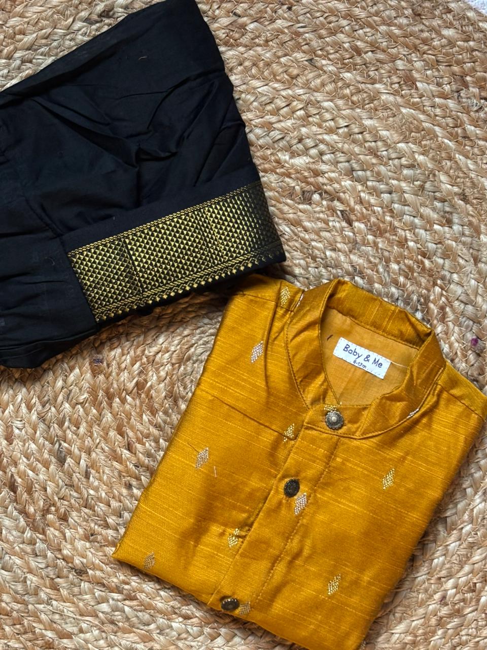 Golden yellow kurta and Black Dhoti for Boys – Traditional Ethnic Wear for Baby Boy
