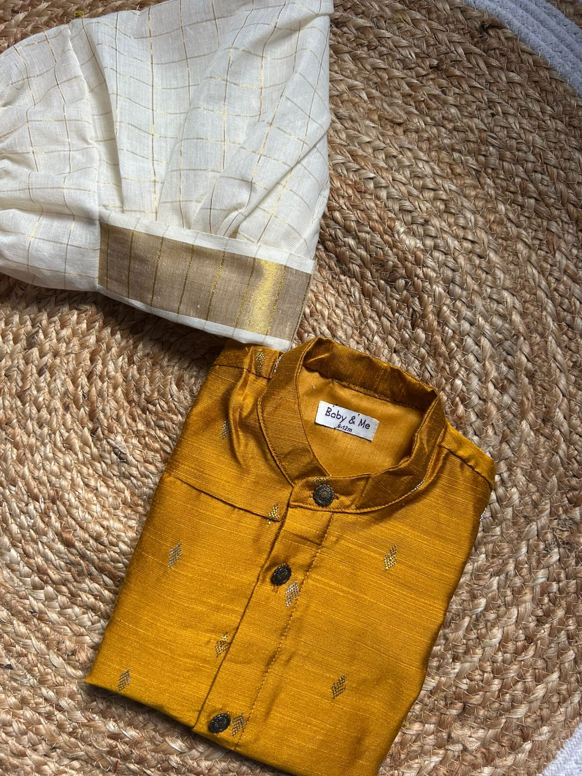 Golden yellow kurta and white checked Dhoti for Boys – Traditional Ethnic Wear for Baby Boy