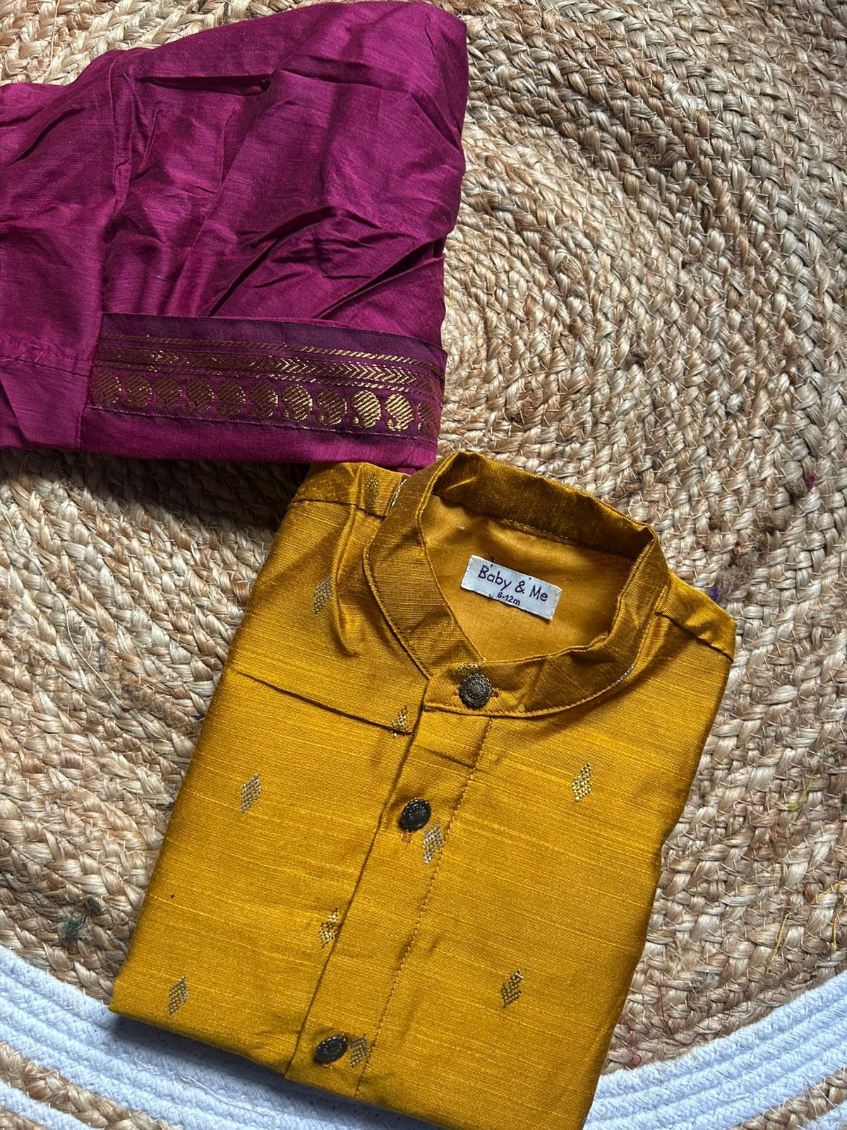 Golden yellow kurta and grape zari border Dhoti for Boys – Traditional Ethnic Wear for Baby Boy