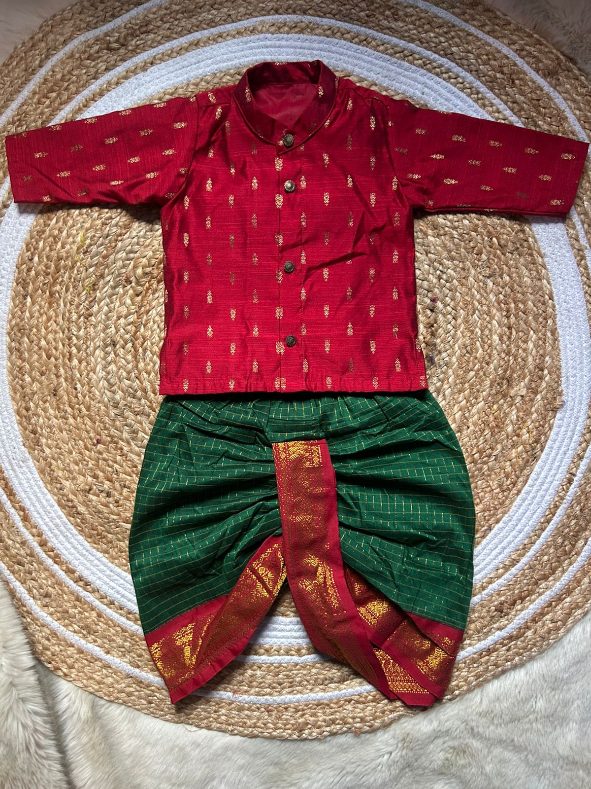 Maroon kurta and bottle green checked Dhoti for Boys – Traditional Ethnic Wear for Baby Boy