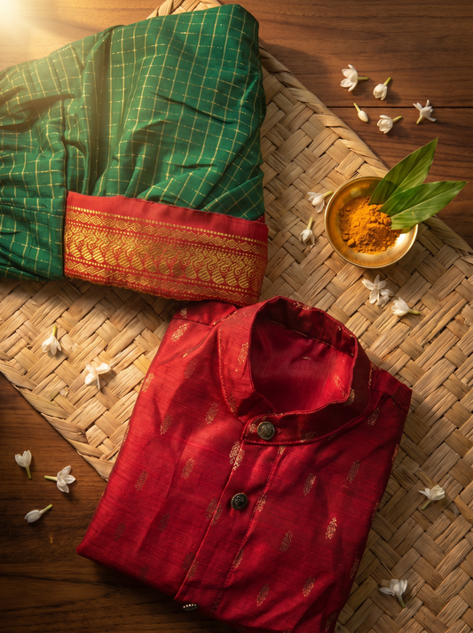 Maroon kurta and bottle green checked Dhoti for Boys – Traditional Ethnic Wear for Baby Boy