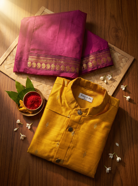 Golden yellow kurta and grape zari border Dhoti for Boys – Traditional Ethnic Wear for Baby Boy