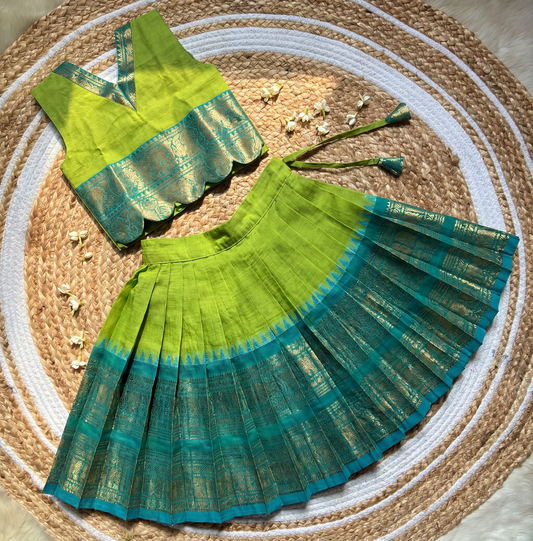 Traditional langa blouse Light green with rama green pure kanchi cotton weave for baby girl