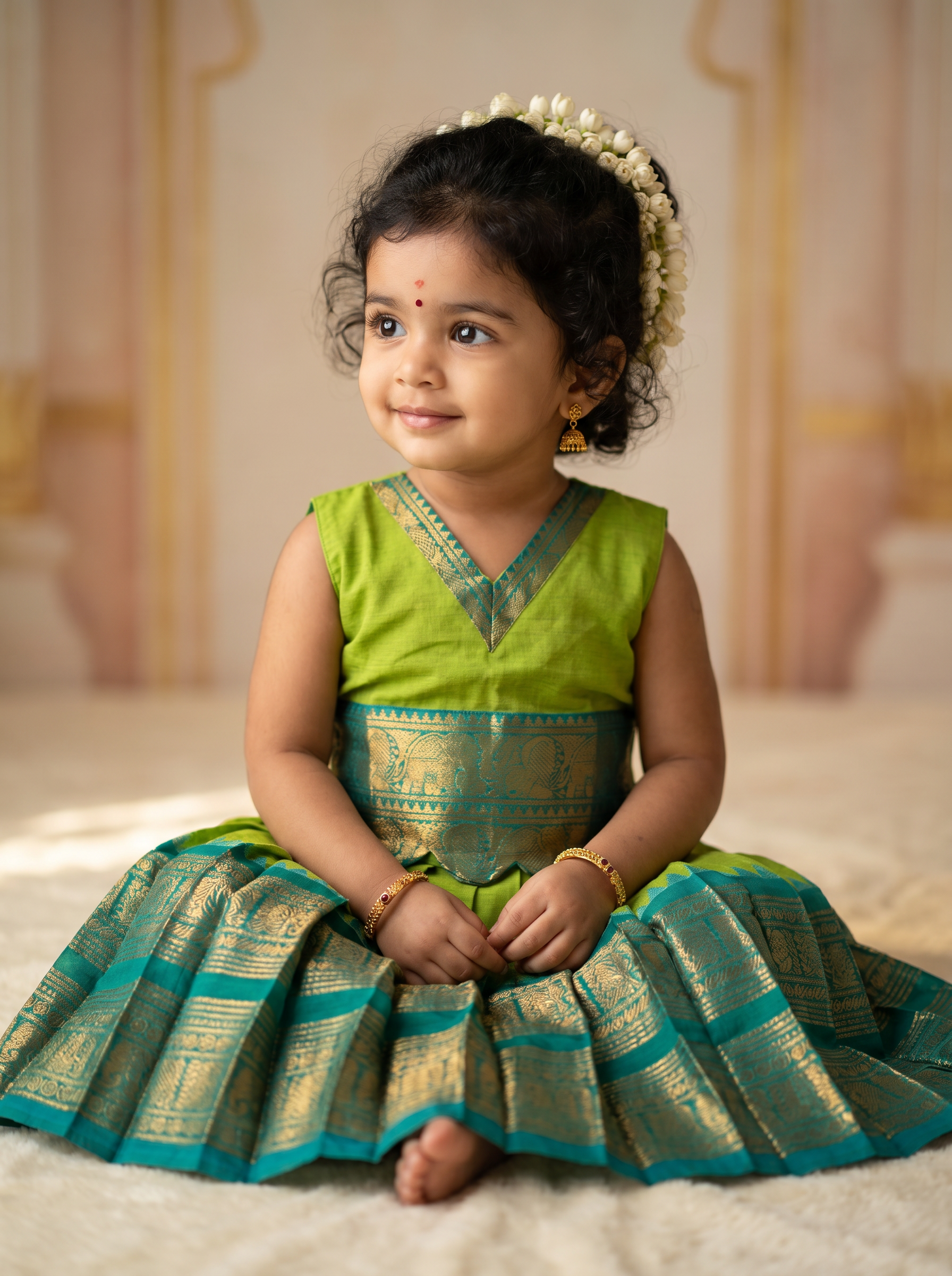 Traditional langa blouse Light green with rama green pure kanchi cotton weave for baby girl